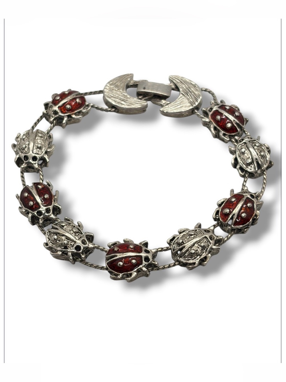 Vintage 90s Tofa Ladybug Slide Charm Bracelet Silver and Red